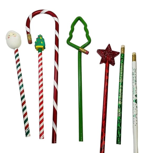 Wood Pencils Candy Cane Tree Star Holiday Unused Vintage Christmas Shaped Lot 7 - Picture 1 of 12